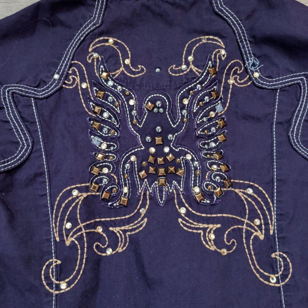 Rock 47 By Wrangler S Western Shirt Snap Purple Embroidered Rodeo Rhinestone - Picture 2 of 7